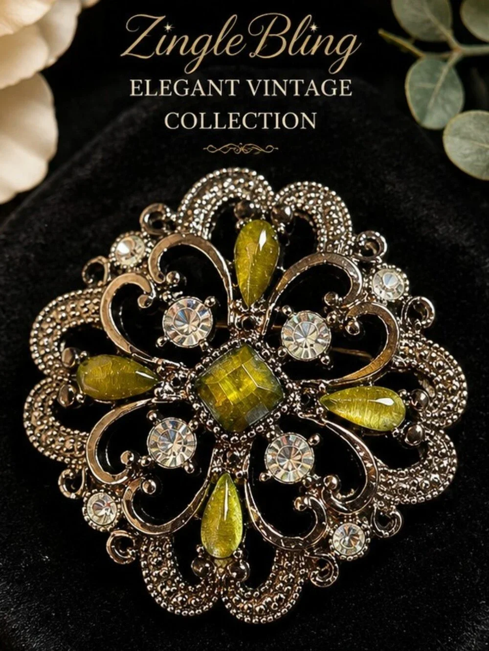 Vintage Silver Tone Filigree Brooch Olive Green Cat Eye Glass Rhinestone Floral
